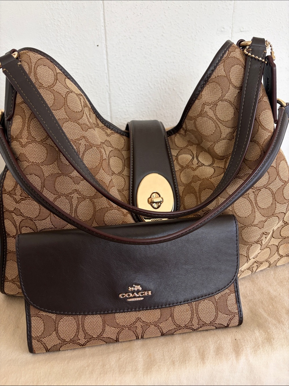 Coach Brown Signature Canvas Shoulder Bag with Wallet